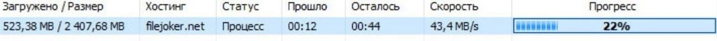Download progress bar showing 523.38 MB of 2407.68 GB downloaded from filejoker.net at 22 percent completion