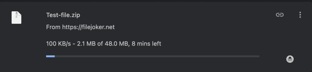 Chrome download manager showing a 48 MB file from filejoker.net downloading at 100 KB/s with 8 minutes remaining